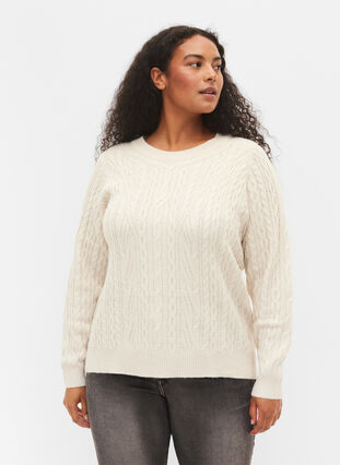 Cable knit jumper with round neckline, Birch, Model image number 0
