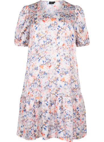 Printed dress with puff sleeves, B. White graphic AOP, Packshot image number 0