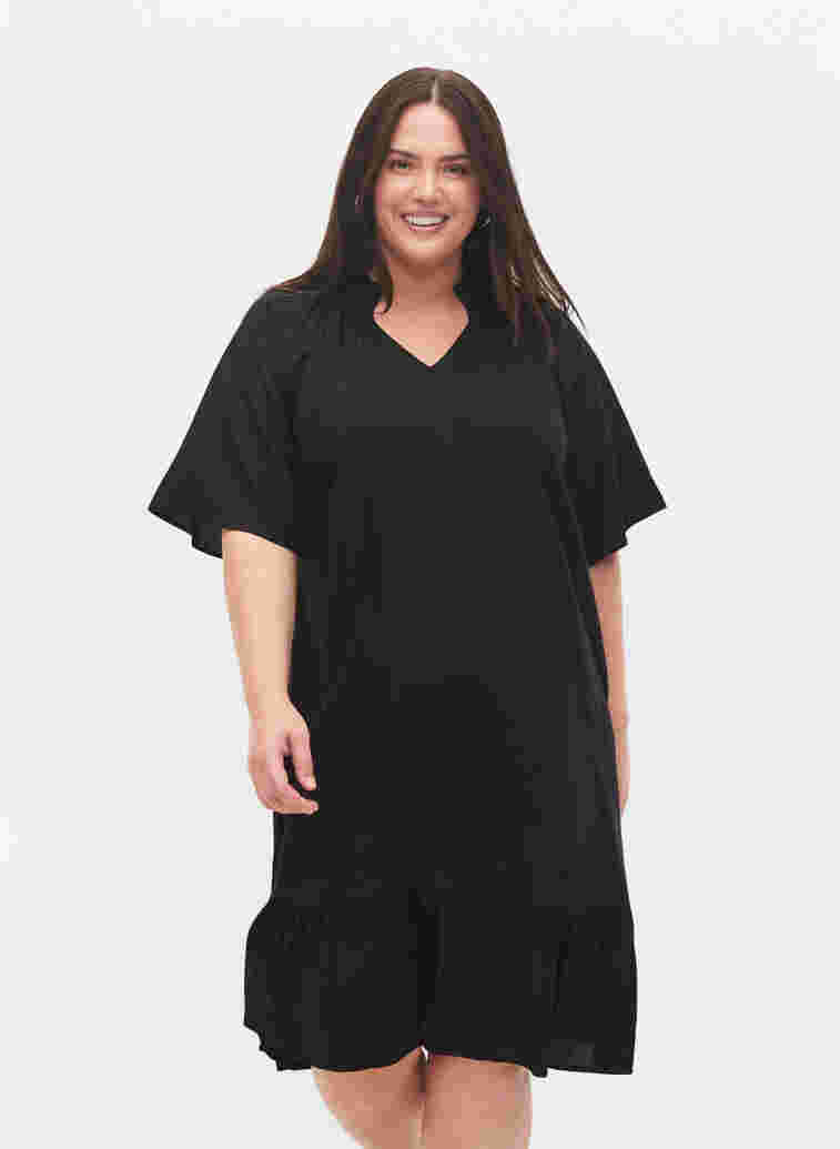 Short-sleeved viscose dress with v-neck, Black, Model image number 0
