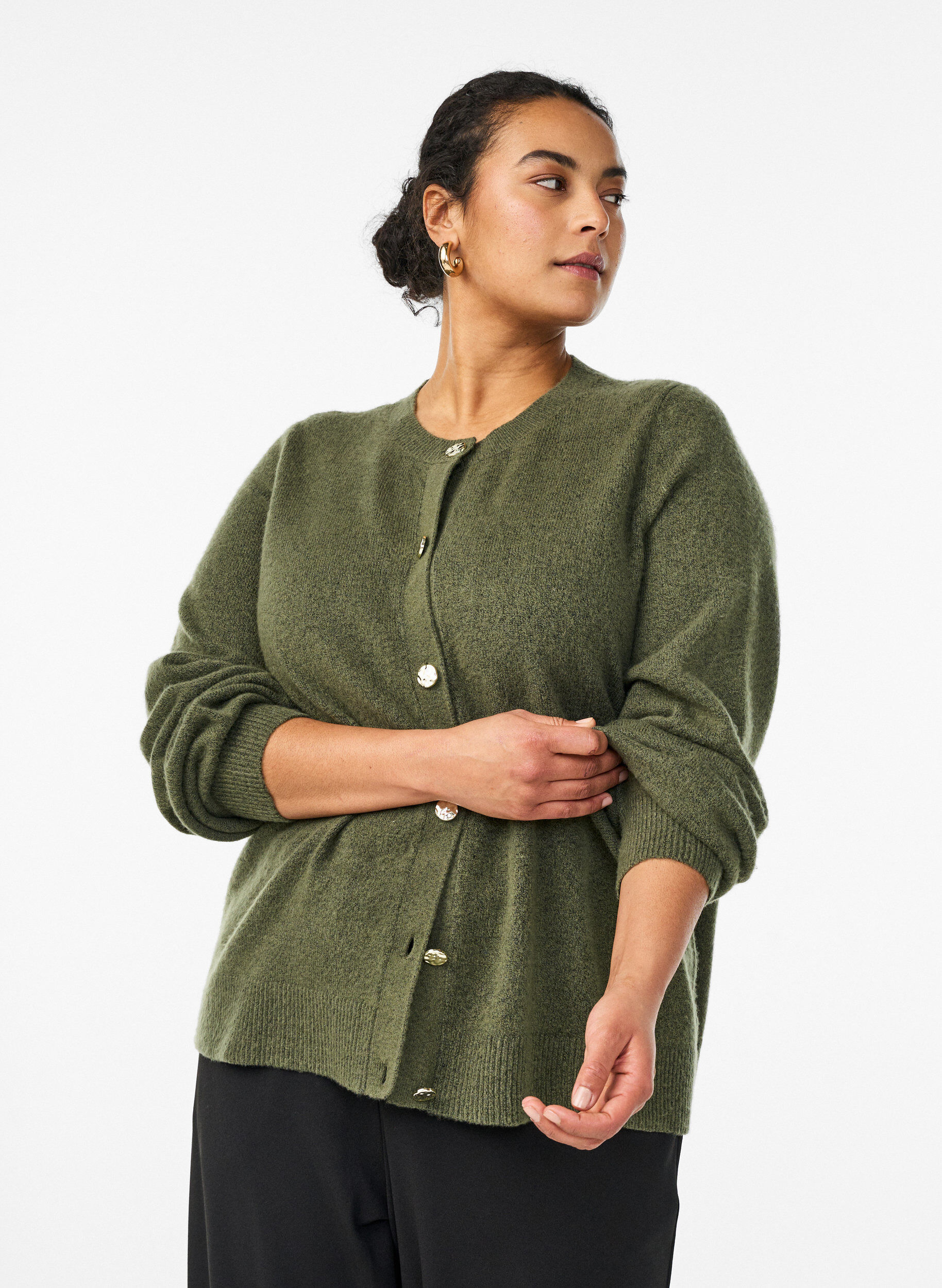 ZizzifashionCardigan in soft knit with gold-coloured buttons, Green, Model image number 0