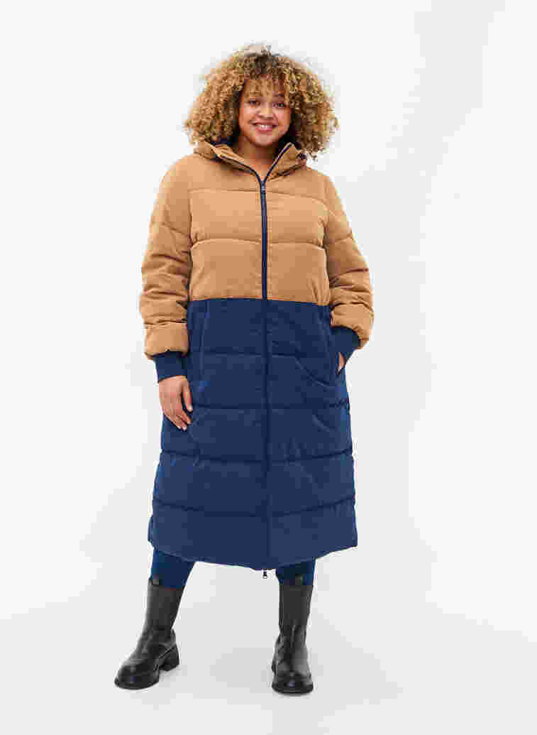 Long winter jacket with colour block, Tobacco Brown w/navy, Model image number 0