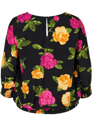Floral viscose blouse with 3/4-length sleeves and smocking, Black Flower AOP, Packshot image number 1