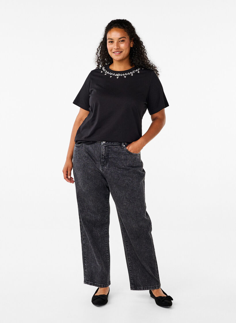 T-shirt with round neck and rhinestones, Black, Model image number 2