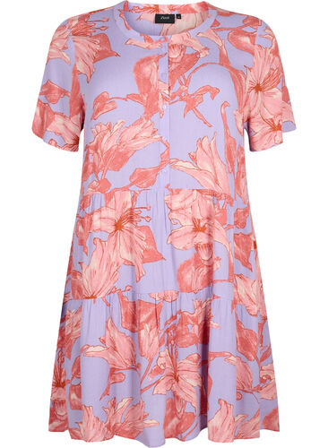 Short-sleeved viscose dress with A-line cut, Lavender Flower, Packshot image number 0