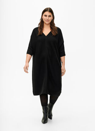 Ribbed dress with 3/4 sleeves, Black, Model image number 2