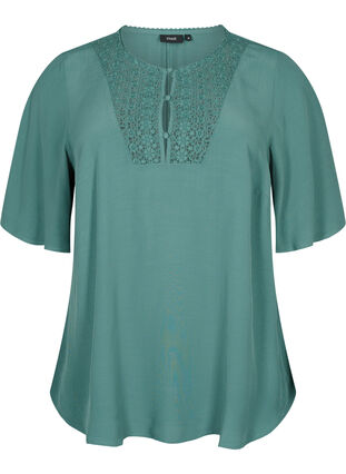 Viscose blouse with 1/2 sleeves and embroidery detail, Sea Pine, Packshot image number 0