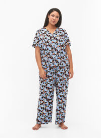 Loose all-over print viscose trousers, Black Blue Flower, Model