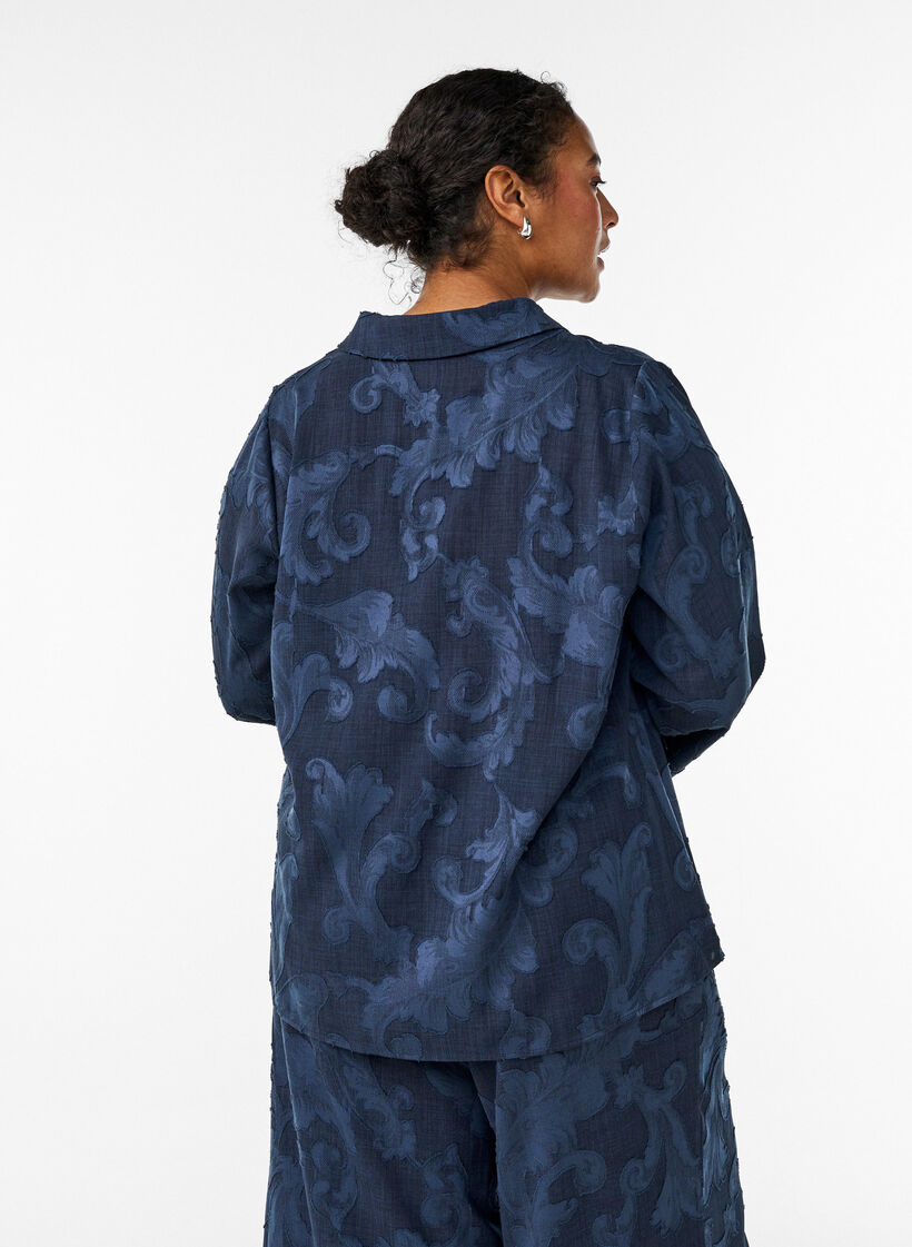 Blouse with a textured woven pattern and V-neck, Blue, Model image number 2