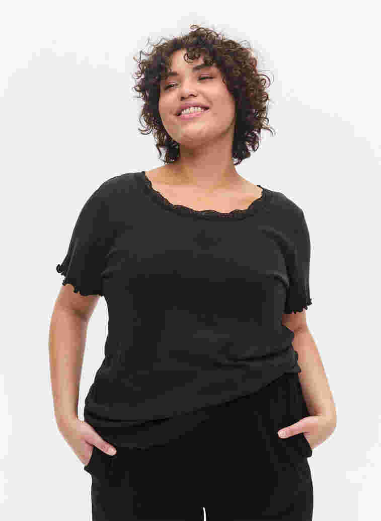 Short-sleeved night top in rib, Black, Model image number 0