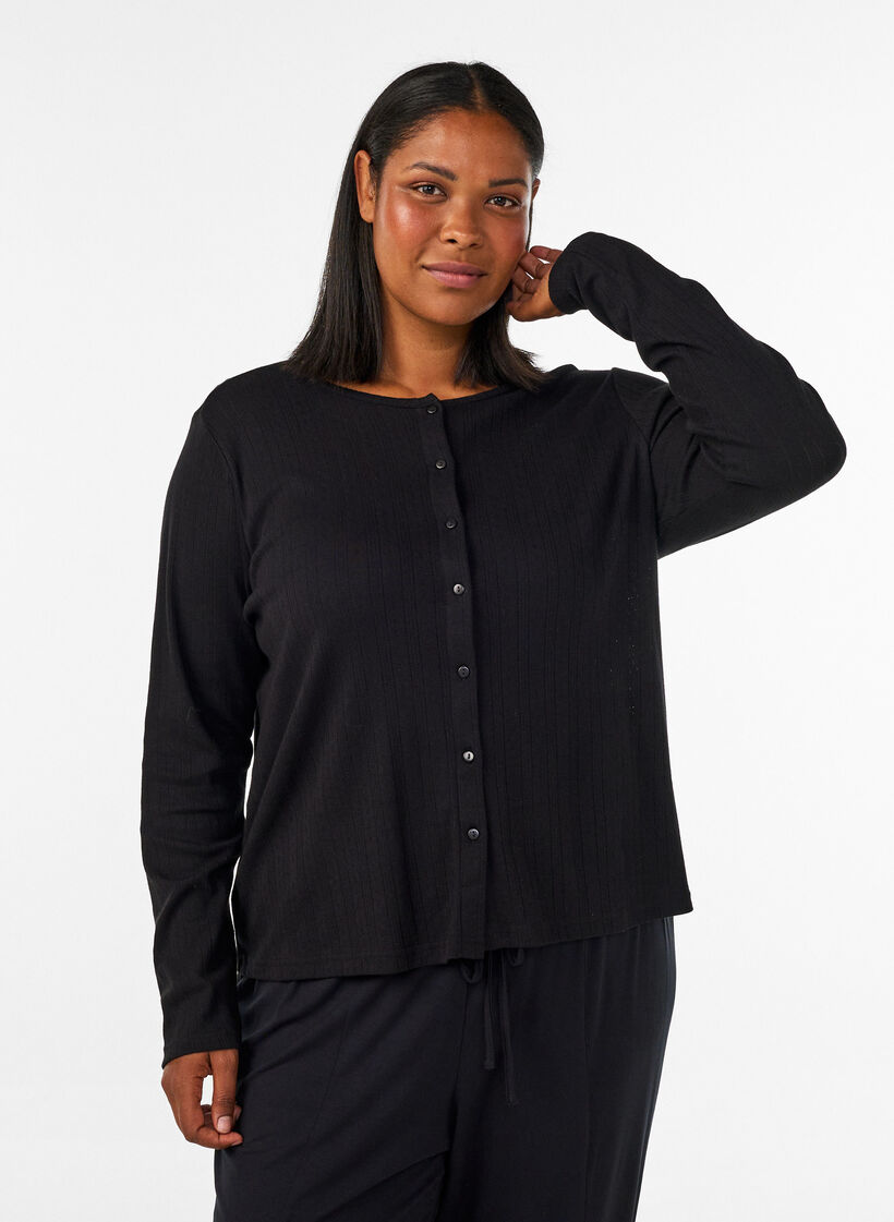 Cardigan in organic cotton with eyelet embroidery, Black, Model image number 0