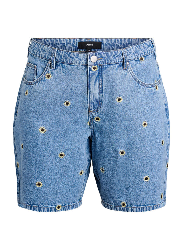 Denim shorts with embroidered flowers, Light Blue, Packshot image number 0