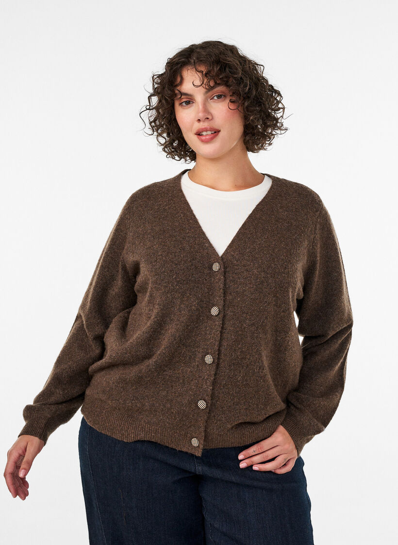 Cardigan with decorative buttons and V-neck, Brown, Model image number 0