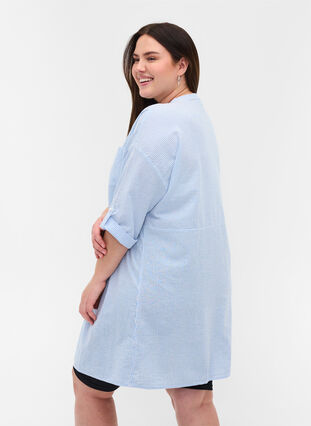 Striped cotton tunic with buttons and 3/4 sleeves, Skyway Stripe, Model image number 1