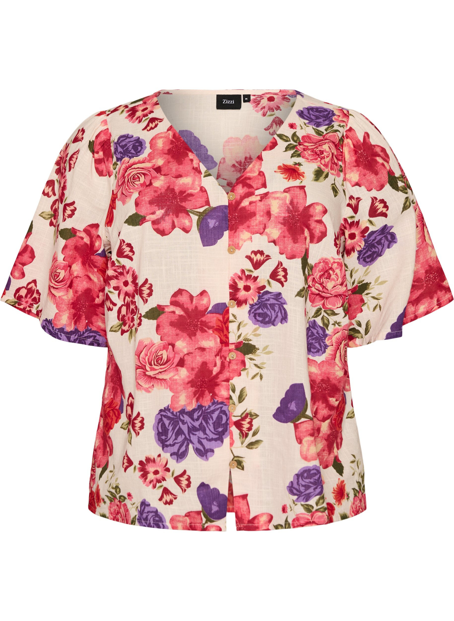 ZizzifashionShort-sleeved cotton shirt with a V-neck, Red, Packshot image number 0