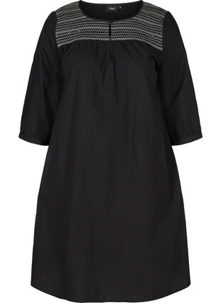 Cotton dress with smock and an A-line, Black, Packshot image number 0