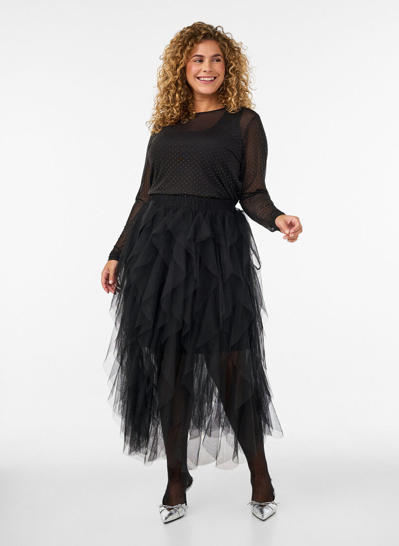 Sheer mesh blouse with rhinestones, Black, Model