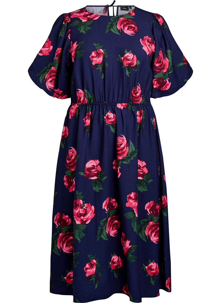 Midi dress with rose print and short balloon sleeves, Blue, Packshot image number 0