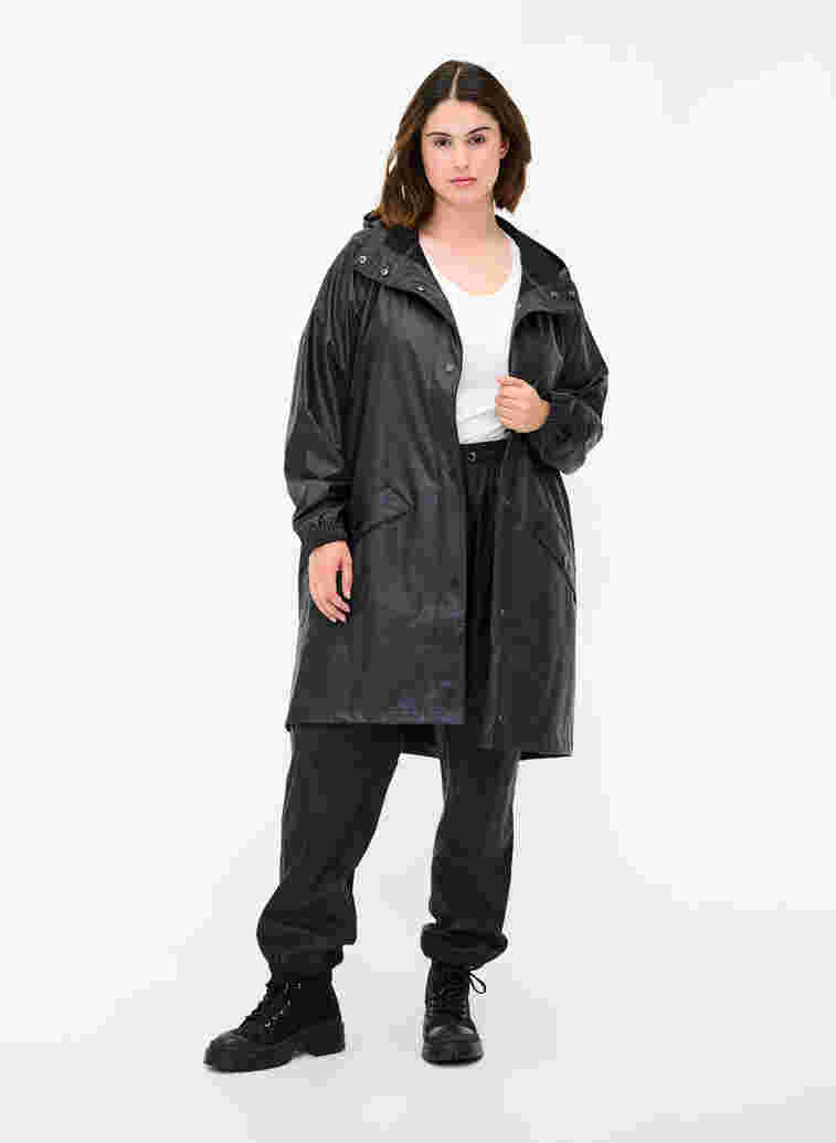 Rain jacket with hood and button fastening, Black, Model image number 2