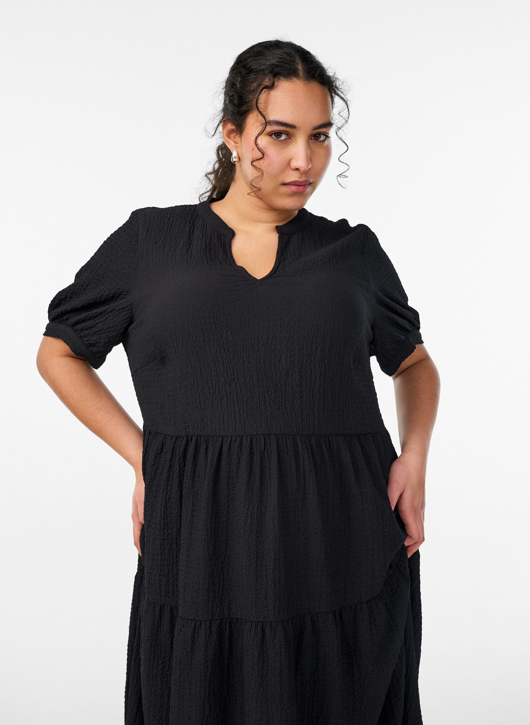 ZizzifashionAnkle-length dress with short sleeves and tiered ruffles, Black, Model image number 2