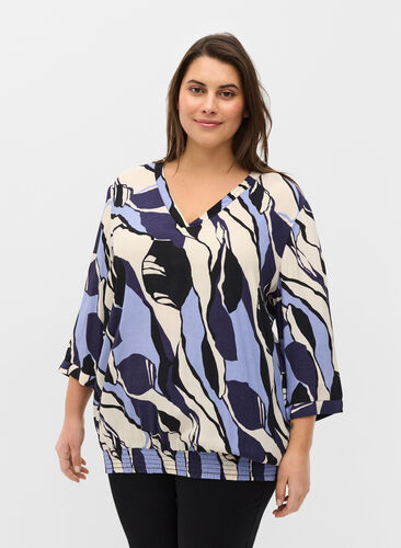 Printed viscose blouse with 3/4-length sleeves, Blue Abstract AOP, Model image number 0