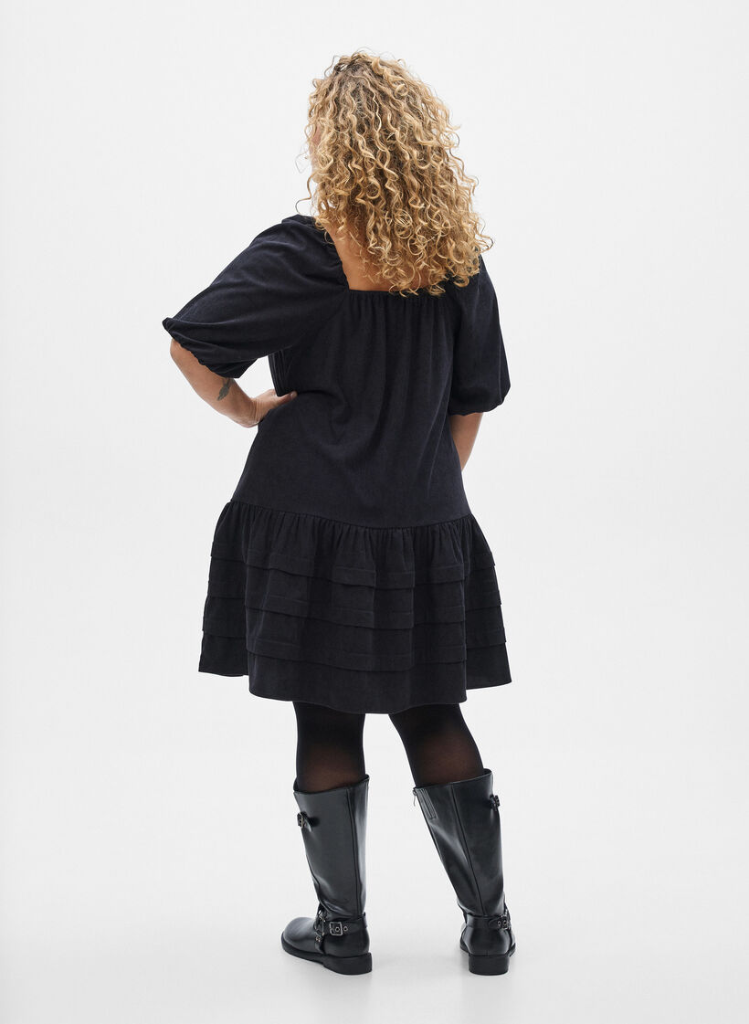 Short corduroy dress with square neckline, Black, Model image number 2