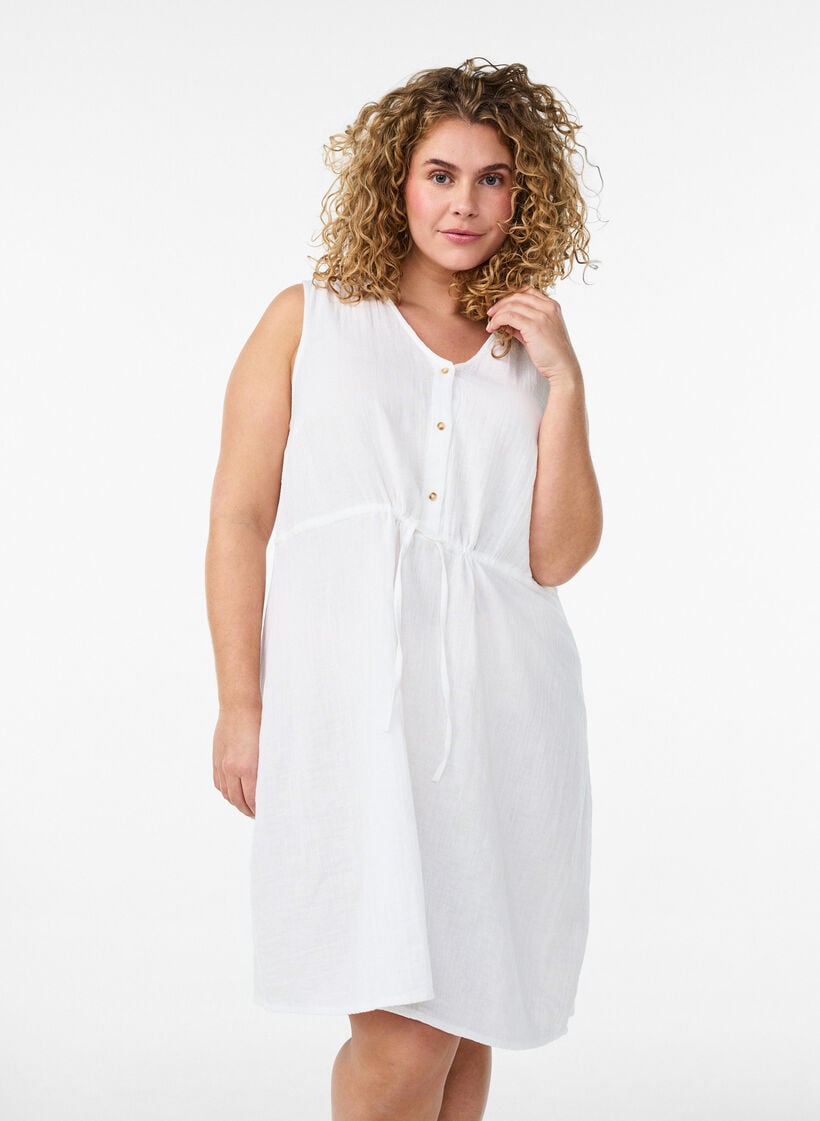 Sleeveless cotton muslin dress with tie string, White, Model image number 0