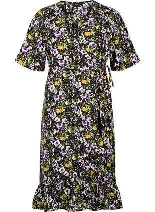 Printed wrap dress with short sleeves , Black S. Flower AOP, Packshot image number 0
