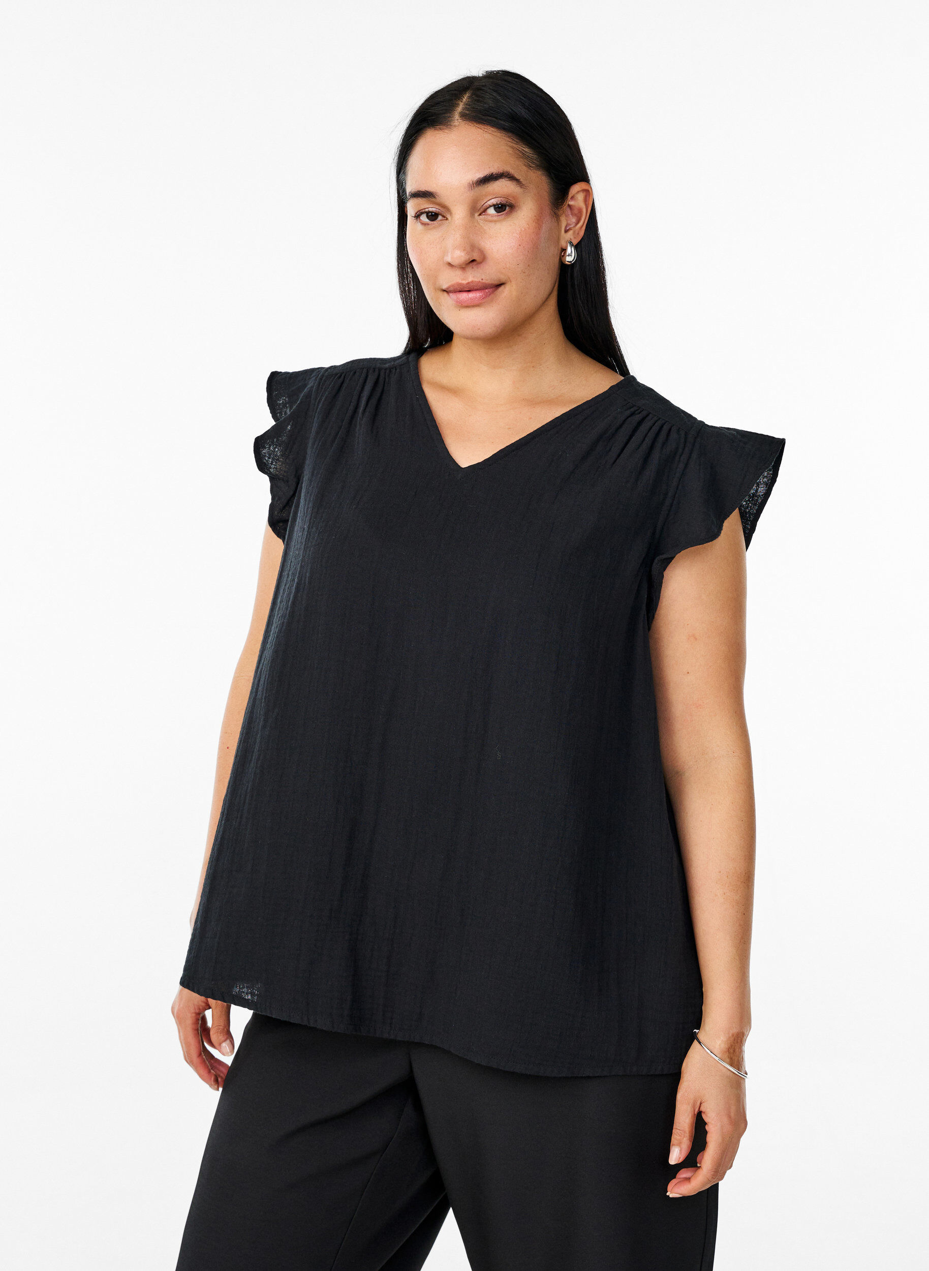 ZizzifashionSleeveless top in cotton muslin with ruffles, Black, Model image number 0