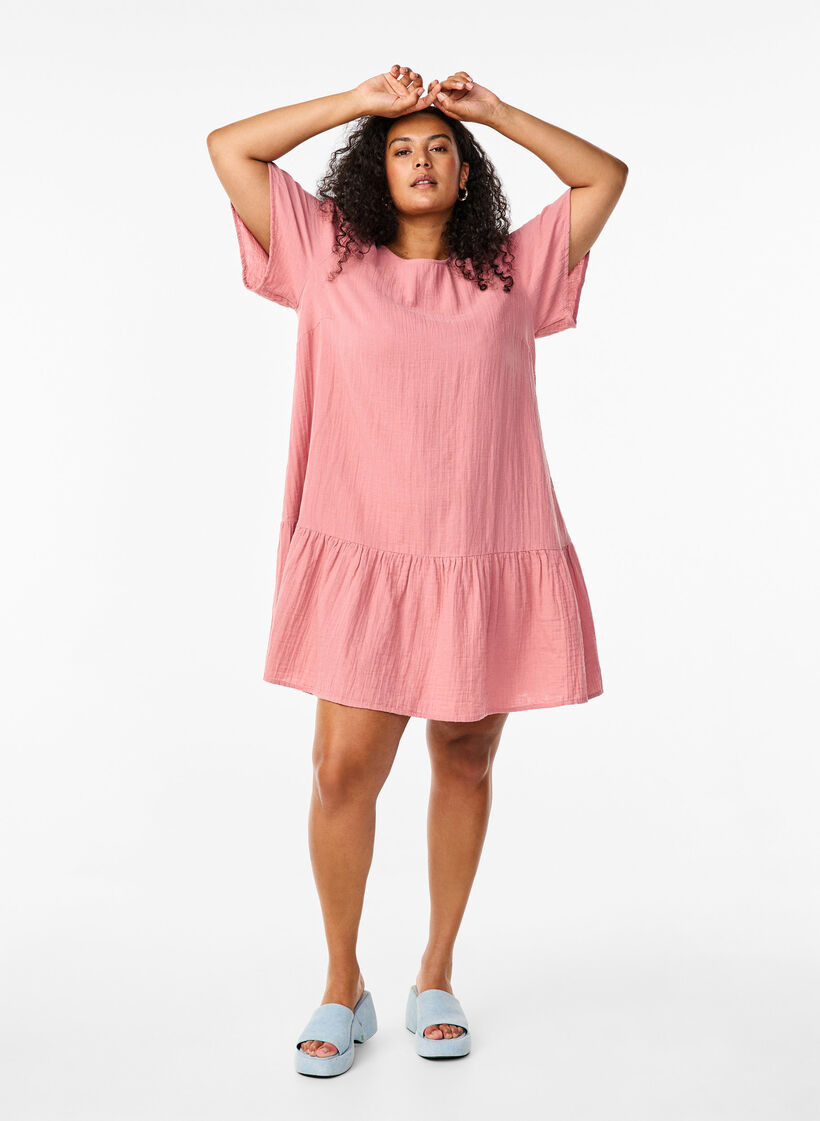 Cotton short-sleeved dress with a-line cut, Old Rose, Model image number 2