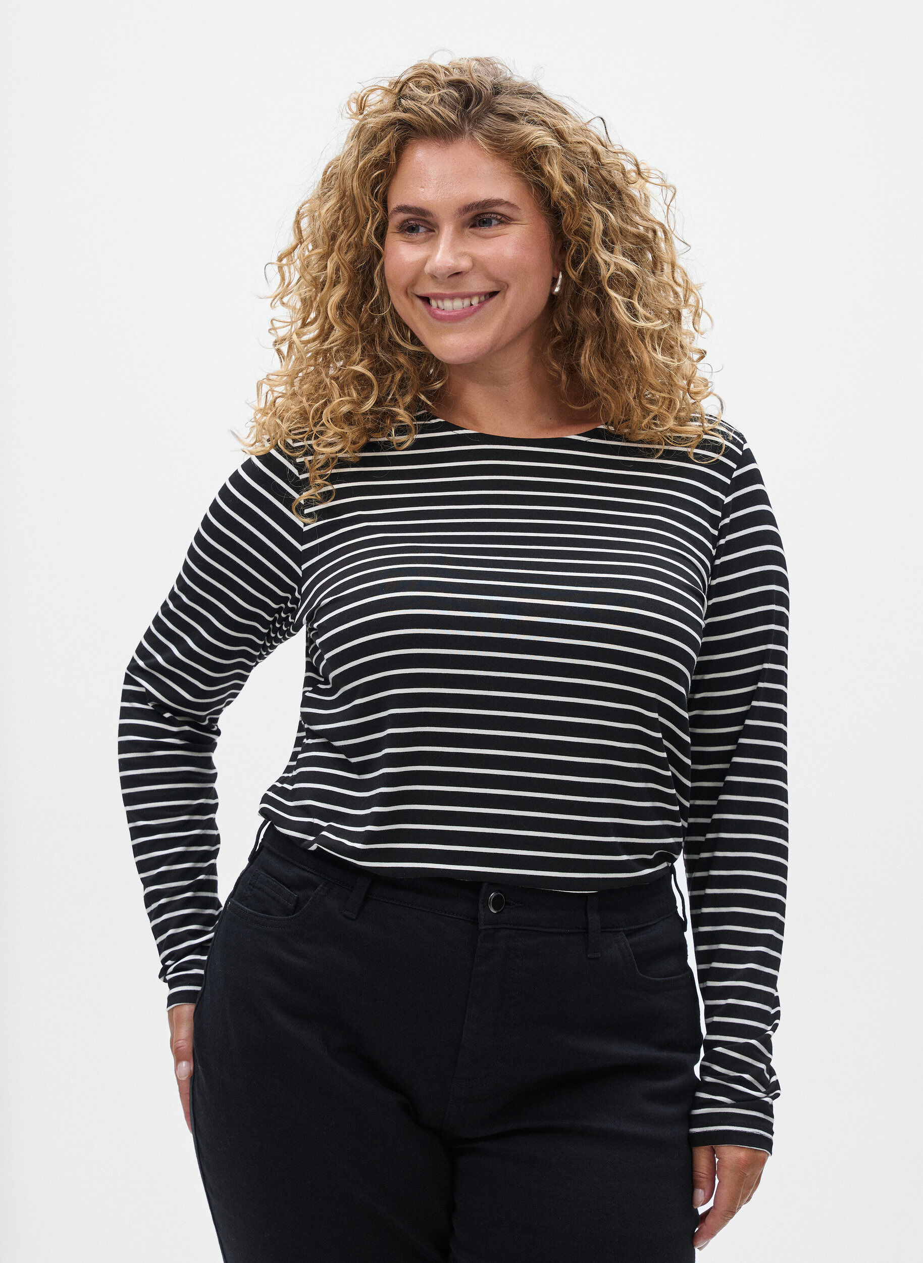 Long-sleeved striped Blouse, Black, Model