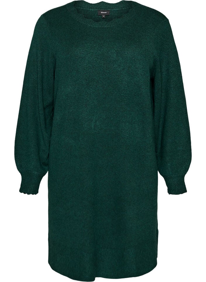 Short knitted dress with wavy hem and slits, Green, Packshot image number 0