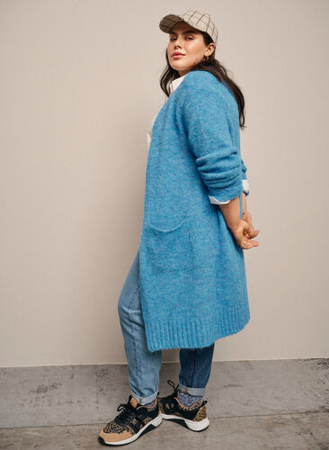 Long knitted cardigan with wool and pockets, French Blue, Image image number 0