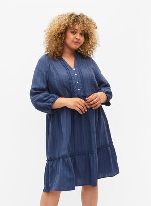 Striped viscose dress with lace band and 3/4 sleeves, Vintage Indigo, Model image number 0