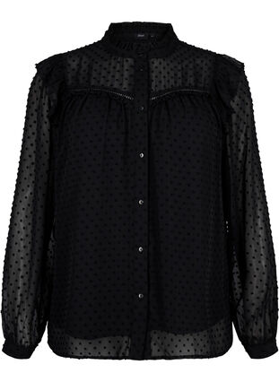 Shirt blouse with ruffles and dotted texture, Black, Packshot image number 0