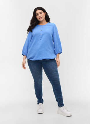 Cotton blouse with buttons and 3/4 sleeves, Ultramarine, Model image number 2