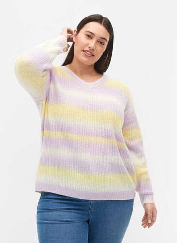Knitted jumper with v-neckline, Lavender Comb., Model image number 0