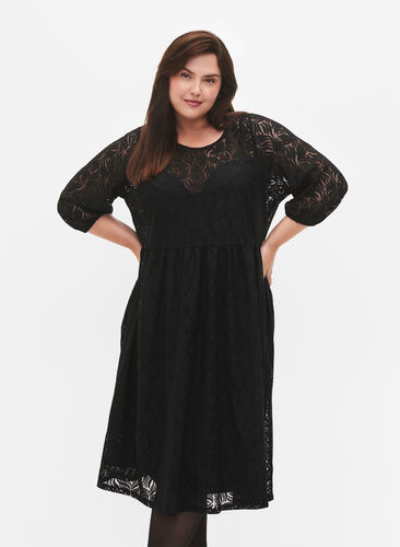 Lace dress with 3/4 sleeves, Black, Model image number 0