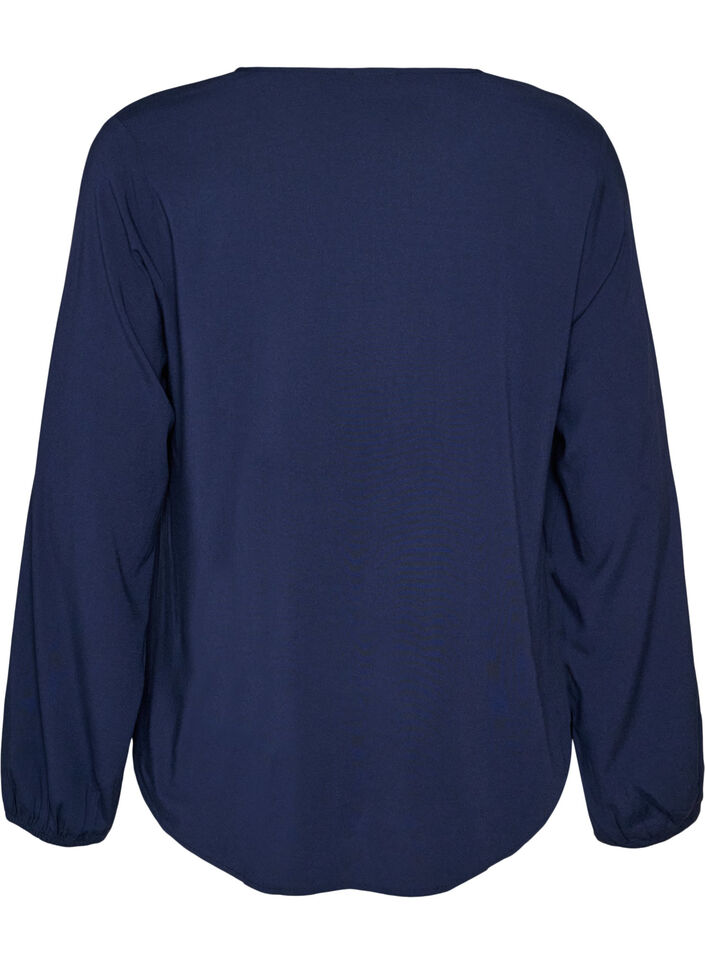 Viscose blouse with V-neck and rounded hem, Blue, Packshot image number 1