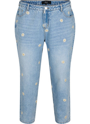 Mille mom fit jeans with floral embroidery, Light Blue w. Flower, Packshot image number 0