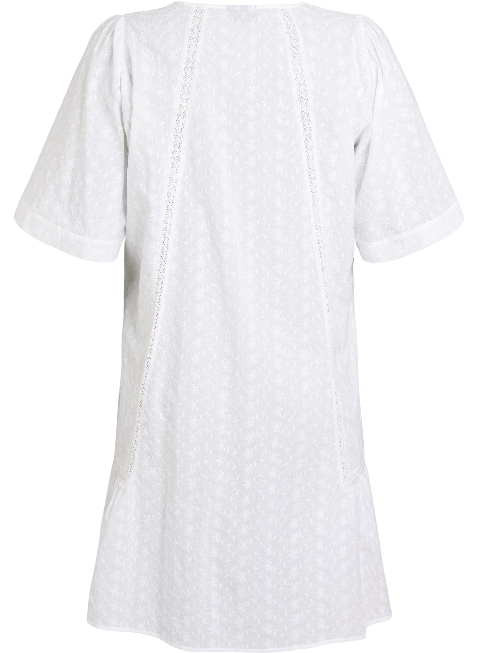 Zizzifashion Knee-length cotton dress with embroidery and a V-neck, White, Packshot image number 1