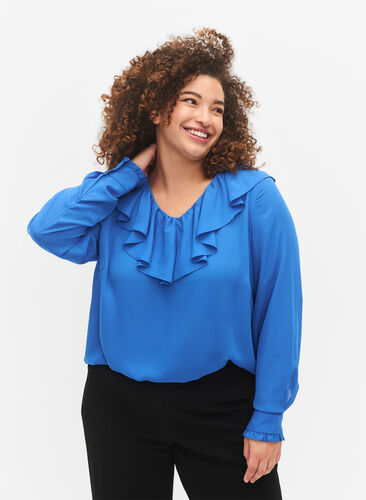 Long sleeve ruffle blouse, Strong Blue, Model image number 0