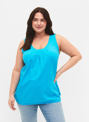 Cotton top with round neck and lace trim, Blue Atoll, Model image number 0