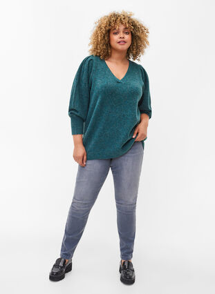 Melange knitted jumper with puff sleeves and v-neck, Ponderosa Pine Mel., Model image number 2