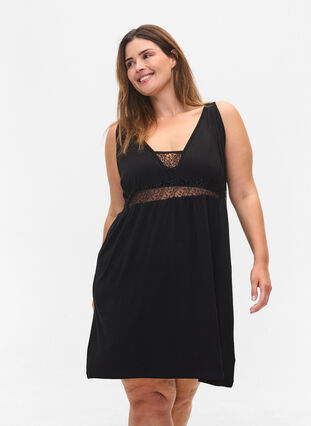 Viscose night dress with lace details, Black, Model image number 0