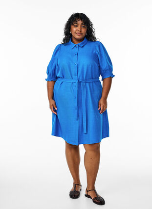 Knee-length shirt dress with tie belt - Blue - Sz. 40-64 - Zizzifashion Knee-length shirt dress with tie belt - Blue - Sz. 40-64 - Zizzifashion
