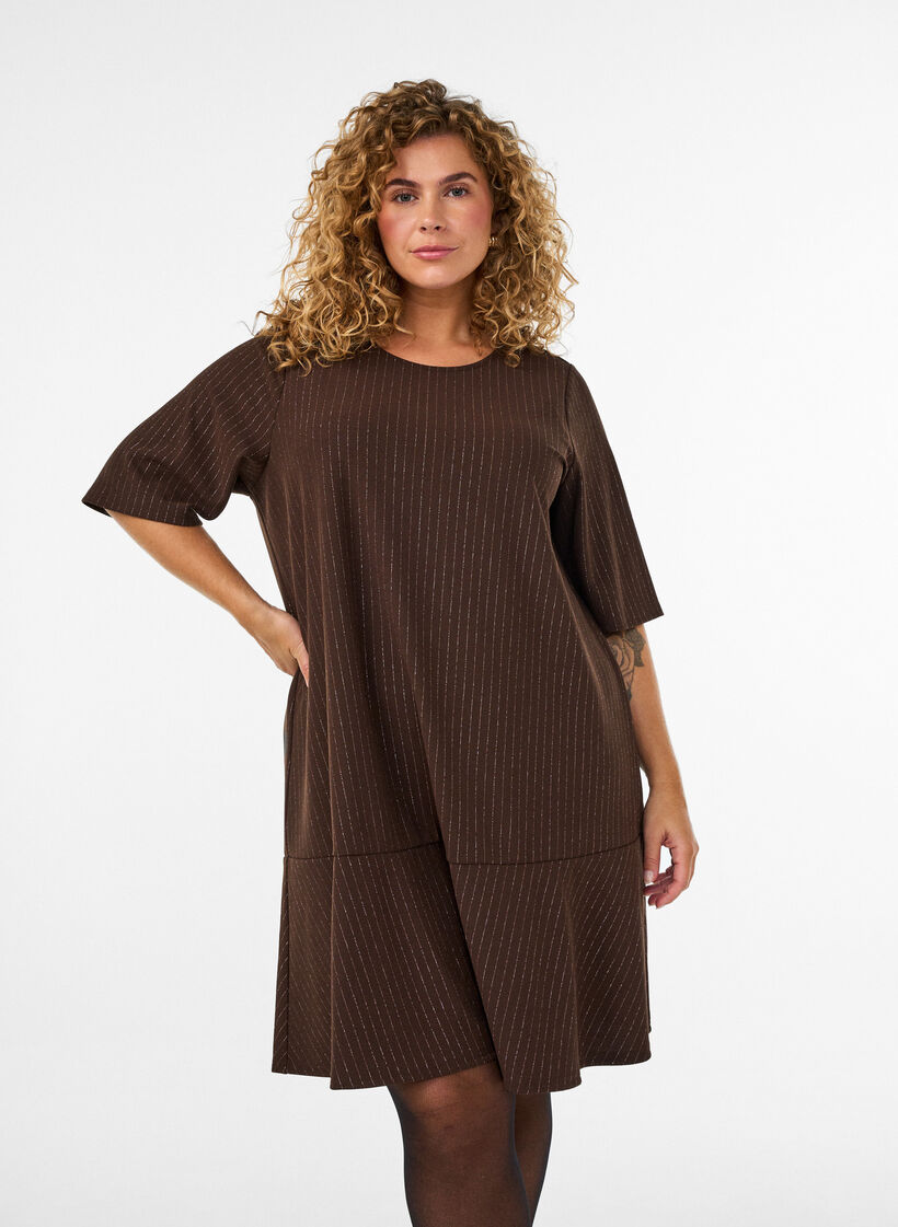 Short A-line dress with glitter stripes, Brown, Model image number 0