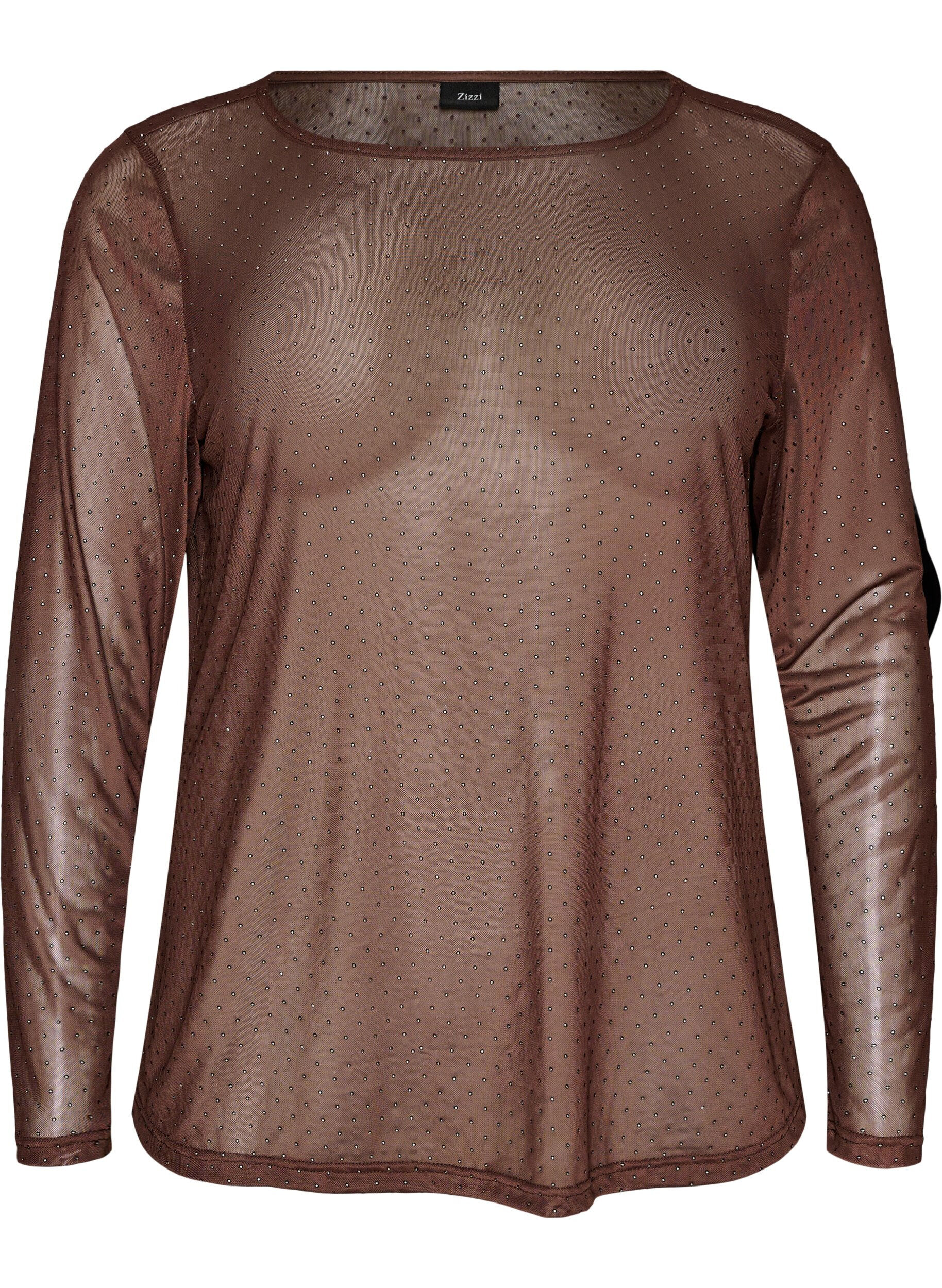 ZizzifashionSheer mesh blouse with rhinestones, Brown, Packshot image number 0