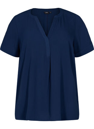 Short-sleeved blouse with v-neckline, Navy Blazer, Packshot image number 0