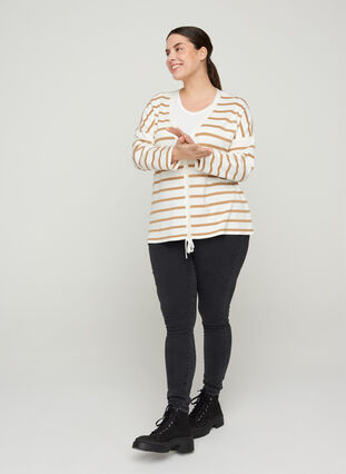Striped knitted cardigan with buttons, Cloud Dancer, Model image number 2