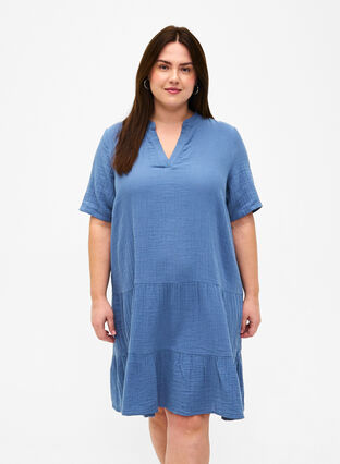Short sleeve dress in 100% cotton, Moonlight Blue, Model image number 0